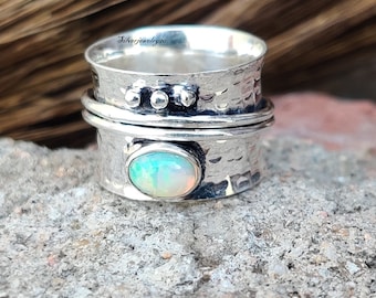 Bague en opale naturelle, bague en argent sterling 925, bague spinner, bague avec pierres précieuses, bague pour femme, bague de créateur, cadeau pour elle, bijoux en opale ***