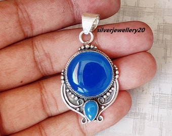 Blue Chalcedony pendant ,Round shape pendant ,925 Sterling Silver Pendant .