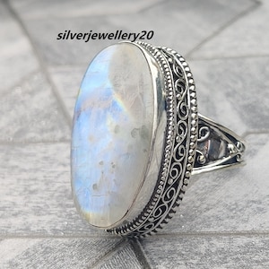 Rainbow Moonstone Ring, Handmade Ring, White Moonstone Ring, Silver Ring, Gemstone Ring, Big Oval Ring, Women Ring, June Birthstone Ring.