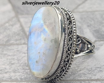 Rainbow Moonstone Ring, Handmade Ring, White Moonstone Ring, Silver Ring, Gemstone Ring, Big Oval Ring, Women Ring, June Birthstone Ring.