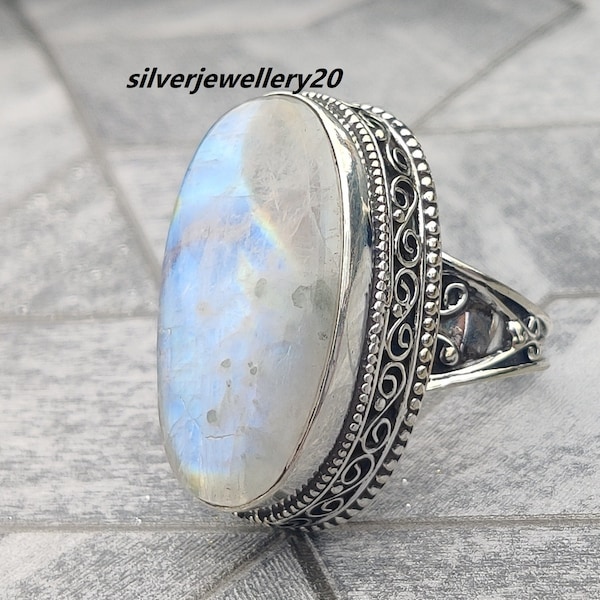 Rainbow Moonstone Ring, Handmade Ring, White Moonstone Ring, Silver Ring, Gemstone Ring, Big Oval Ring, Women Ring, June Birthstone Ring.