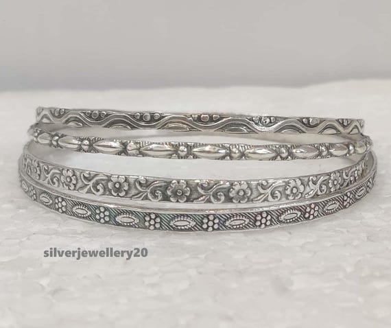 Handmade Sterling Silver Bangle Set, Stackable Floral Jewelry - Etsy
