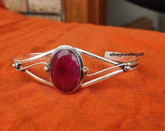 Handmade 925 Silver Ruby Bangle, Adjustable Boho Jewelry