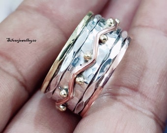 Handmade Sterling Silver Spinner Ring, Copper & Brass Meditation Ring