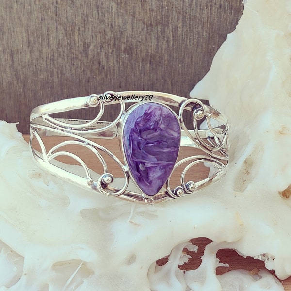 Natural Charoite Cuff Bracelet, Handmade Bracelet, Sterling Silver Cuff Bracelet, Charoite Southwest Bracelet, Dainty Silver Cuff, Men Cuff*