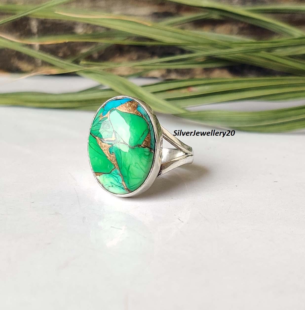 Kingman Turquoise Ring, Oval Green Blue Copper, 925 Silver Boho Ring - Etsy