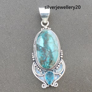 Tibetaanse turkoois en blauwe topaas, hanger, handgemaakte hanger, 925 zilveren sterlinghanger, mooie hanger, Tibetaanse turkoois sieraden, cadeau