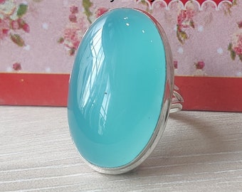 Aqua Chalcedony 925 Silver Ring, Handmade Band Ring