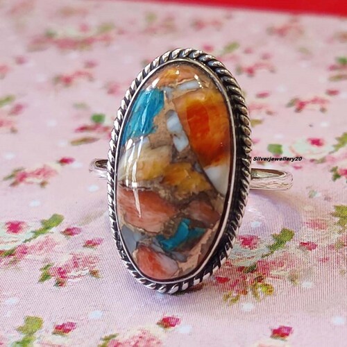Oval Spiny Oyster Copper Turquoise Sterling Silver Ring | December Birthstone Ring | Multi Colored Turquoise Ring - Gilded Bug Jewelry