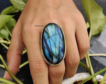 Natuurlijke labradoriet, sierlijke ring, statement ring, 925 zilveren ring, labradoriet ring, handgemaakte ring, blauwe vuurring, vrouwenring, Boho ring***