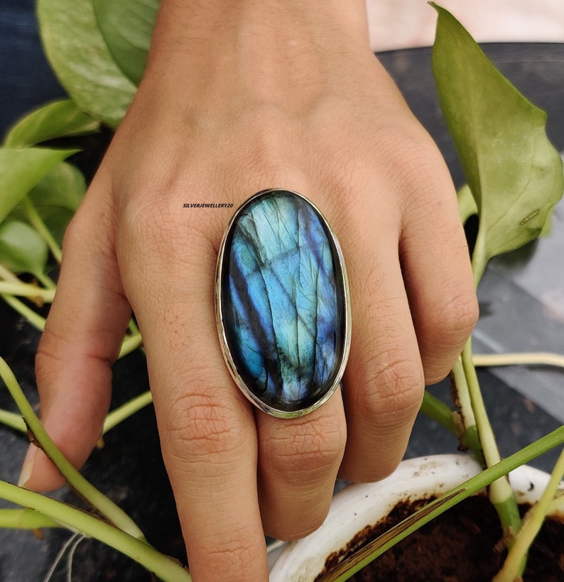 Natuurlijke labradoriet, sierlijke ring, statement ring, 925 zilveren ring, labradoriet ring, handgemaakte ring, blauwe vuurring, vrouwenring, Boho ring Labradoriet