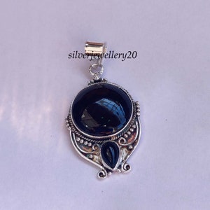 Natural Black Onyx Pendant-925 Sterling Solid Silver Pendant-Cut Round Stone Pendant- Oyster Turquoise Pendant-Black Onyx Women Pendant