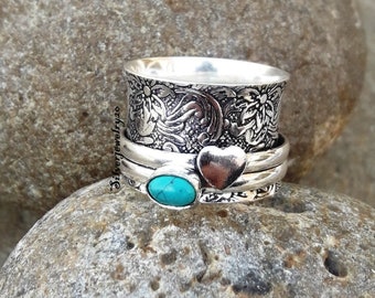 Turquoise Ring, Spinner Ring ,925 Sterling Silver ,Handmade Ring , Designer Ring, Meditation Ring, Woman Ring , Worry  Ring ,Hammered Ring