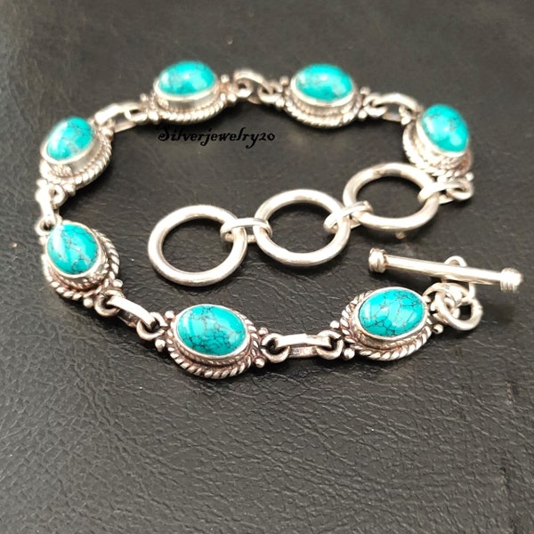 Bracelet turquoise, bracelet en argent sterling 925, bracelet réglable, bracelet de pierres précieuses, cadeau pour femme, bracelet bohème, bijoux en argent