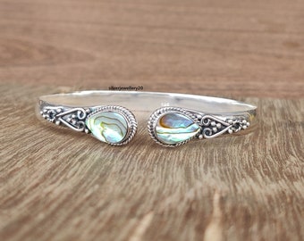 Abalone Shell Cuff Bangle, Handmade 925 Silver, Adjustable