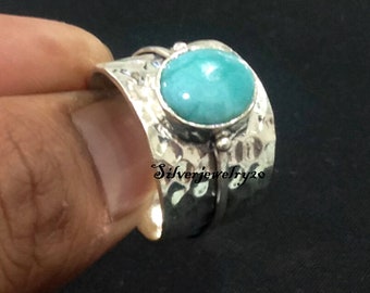 Natural Larimar Ring, Hammered 925 Sterling Silver, Designer Gemstone