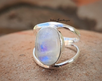 Oval Moonstone Ring, 925 Sterling Silver Band Ring