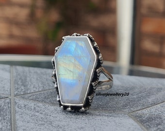 Handmade Moonstone Coffin Ring, Solid Sterling Silver, Boho Jewelry