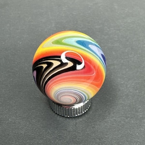 Contemporary Handmade Art Glass Marble .99&quot; Vivid Rainbow Wigwag & UV Green MIB