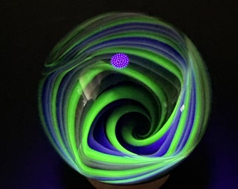 Contemporary Art Glass Marble 2.13" Squared Fumed Vortex + UV Reactive Handmade, Heady Borosilicate, Handblown Orb, Lampwork Studio Glass