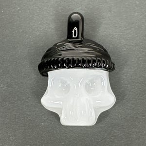 Handblown Art Glass Skull Pendant White W/ Black Beanie Handmade Borosilicate