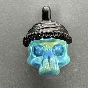 Handblown Art Glass Beanie Skull Pendant Blue Green Borosilicate Handmade Pendy