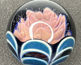 Contemporary Art Glass Marble 1.77&quot; Swirly Implosion W/ Blue Dot Back Handmade