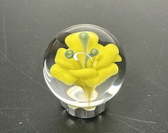 Contemporary Art Glass Marble .97" Handmade Yellow Flower MIB, Borosilicate Gift