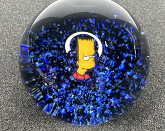 Contemporary Art Glass Marble 1.58&quot; BART SIMPSON Millefiori + Crushed Opals & UV