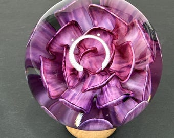 Contemporary Handmade Art Glass Marble 3.09&quot; Pink Purple Flower Handblown Orb