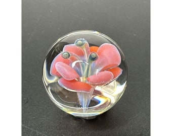 Contemporary Art Glass Marble 1" Handmade Flower Implosion, Pretty Floral MIB