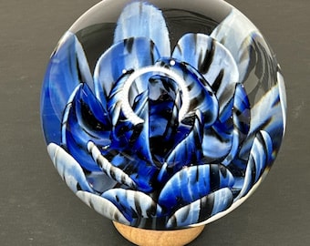 Contemporary Handmade Art Glass Marble 3.12&quot; Blue Black White Flower Implosion