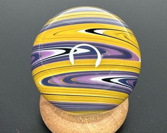 Contemporary Art Glass Marble Handmade 1.54&quot; Wigwag MIB Yellow Purple/Pink White