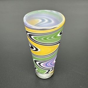Handgeblazen borosilicaatborrelglas Wigwag-lijnwerk geelgroen enz. 3,60&quot; hoog, gemaakt in de VS, handgemaakt cadeau