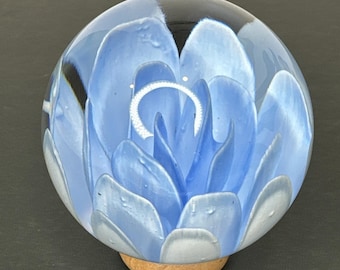 Contemporary Handmade Art Glass Marble 2.90&quot; Light Blue Flower Orb Handblown