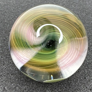 Contemporary Art Glass Marble Handmade 1.46&quot; Orange Green Fume Swirl Spiral MIB