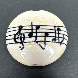 Handmade Lampwork Focal Bead Round Music Note Art Glass Lentil Shape 2-Sided Jewelry Component, Musical Gift