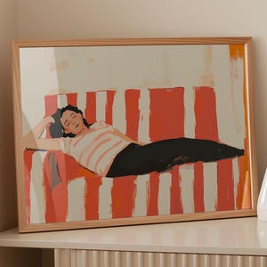 Cozy Retro Abstract Poster, Woman Relaxing on Red Striped Couch, Aesthetic Home Decor, Warm Toned Art Painting, Minimalist Female Drawing