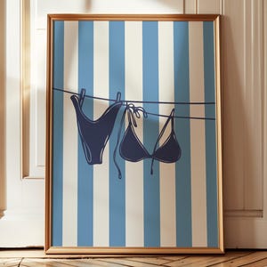 Retro Navy Blue Bikini Print, Beachy Wall Decor, Coastal Aesthetic Drawing, Summer Digital Poster, Bikini on Clothesline, Preppy Painting