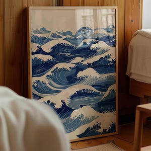Blue Japandi Wave Print, Japanese Poster, Minimalist Ocean Decor, Mid Century Modern Poster, Large Vintage Painting, Bedroom Retro Drawing