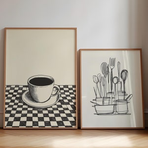 キッチンプリント 2 枚セット、ブラックコーヒープリント、調理器具ポスター、レトロキッチンの絵、エスプレッソアート、イタリアのキッチンプリント、コーヒーバーの装飾