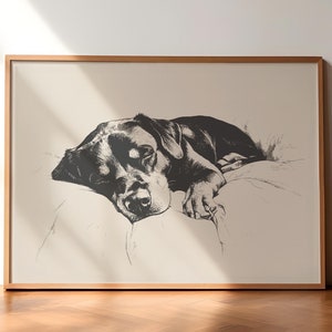 Schlafender Rottweiler Vintage Druck, Hund Retro Poster, Hund Wandkunst, Antike Malerei, Landhund Zeichnung, Bauernhaus Druck, Rottweiler Skizze