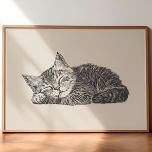 Sleeping Cat Print: Vintage Retro Style, Animal Wall Art (Digital Download)