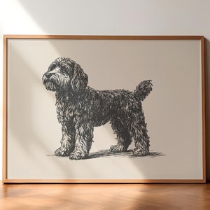 Peut inclure: Un dessin au trait noir et blanc d'un chien dans un cadre. Le chien est debout sur ses quatre pattes et a la tête inclinée sur le côté. Le chien fait face à gauche de l'image.