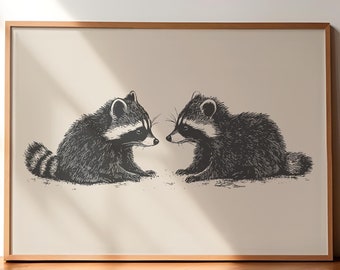 Raccoon Drawing, Raccoon Vintage Print, Raccoon Wall Art, Antique Retro Painting, Horizontal Raccoon Nursery Decor, Vintage Poster Print