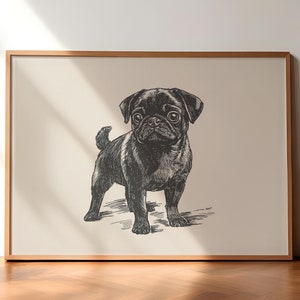 Pug Retro Drawing, Pug Vintage Print, Dog Lover Gift Idea, Dog Wall Art, Antique Puppy Painting, Country Wall Art, Pug Farmhouse Poster