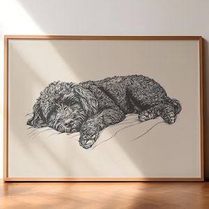 Sleeping Labradoodle Poster, Dog Vintage Print, Dog Wall Art, Antique Retro Painting, Country Wall Art, Dog Drawing, Farmhouse Print