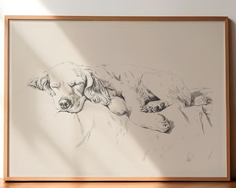 Impresión vintage de Cocker Spaniel durmiendo, póster retro de perro, arte mural de perro, pintura vintage antigua, dibujo de perro, boceto de Cocker Spaniel