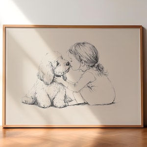 Girl and a Goldendoodle Print, Dog Vintage Art, Antique Vintage Painting, Farmhouse Wall Decor, Country Wall Art, Dog Drawing, Dog Wall Art