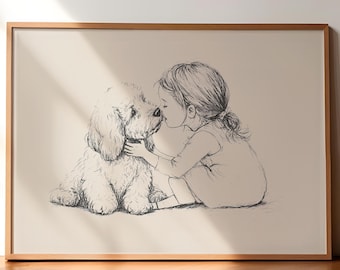 Meisje en een goldendoodle-print, hond vintage kunst, antieke vintage schilderkunst, boerderij muur decor, kunst aan de muur land, hond tekening, hond kunst aan de muur